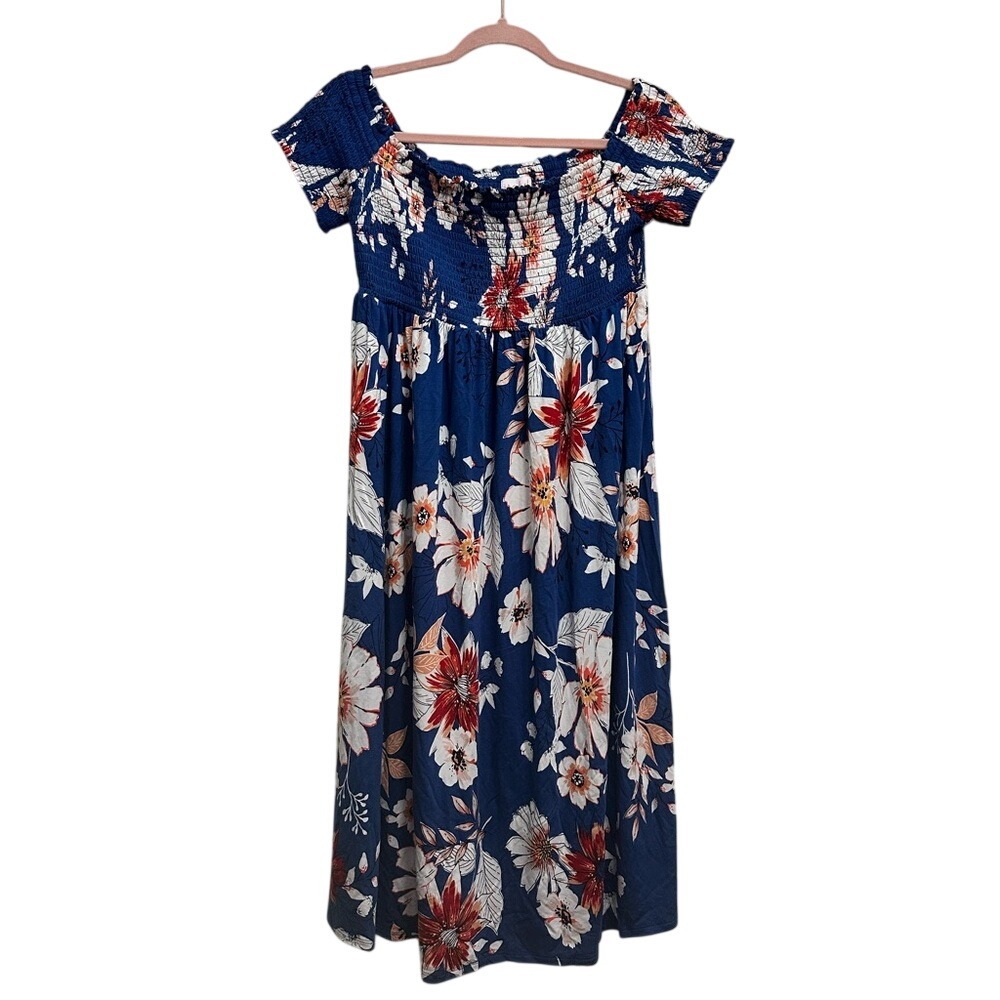 Isabel Maternity Ingrid & Isabel Smocked Floral Midi Dress Navy Blue Red Size M